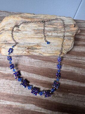 Vintage Millefiori Glass Bead Necklace Blue Venetian Murano Style Mosaic Adjusta